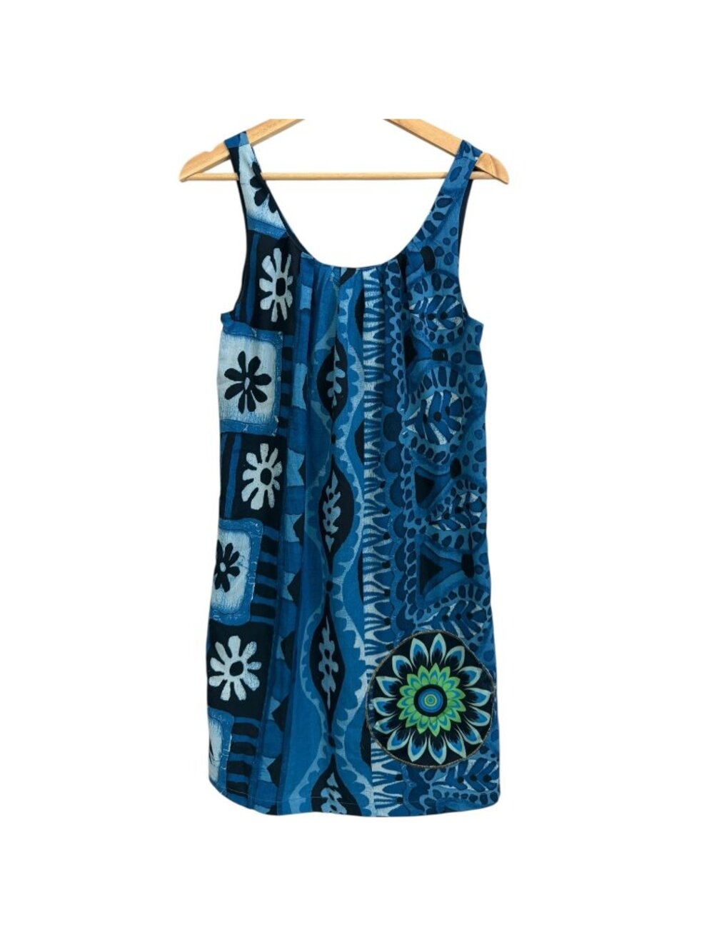 Desigual Tribal Artsy Boho Shift Mini Dress Blue 2 Beachy Coastal Resort